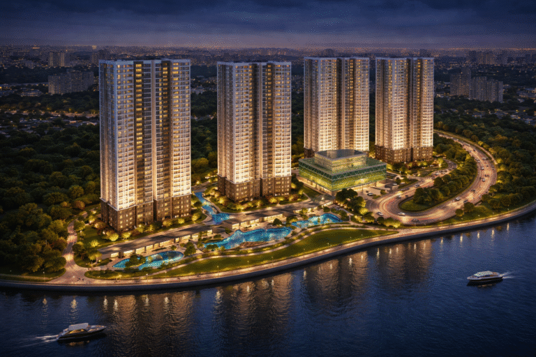 Luxurious riverside high-rise complex at twilight