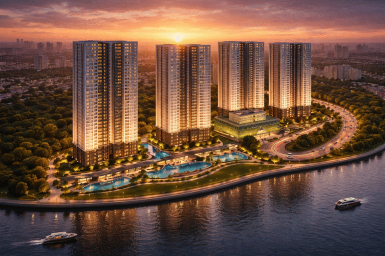 Luxury riverside complex at sunset