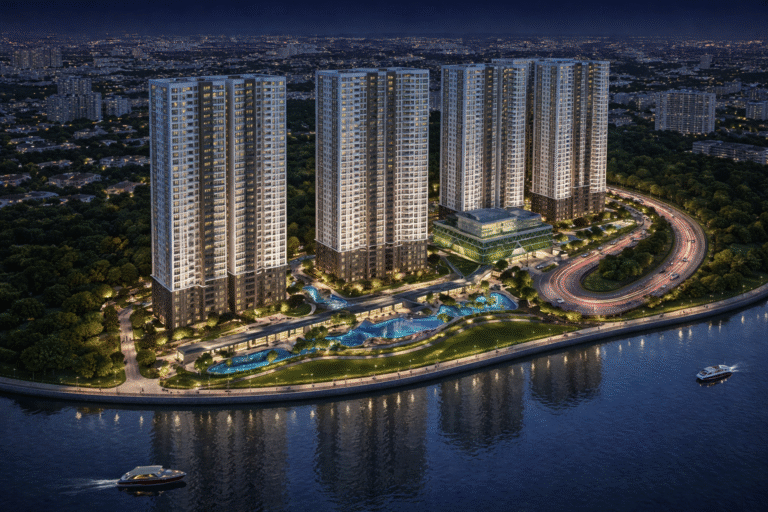 Luxury riverside towers at night
