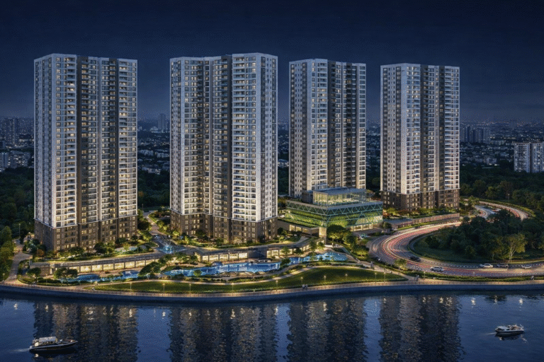 Nightscape of towers by the river